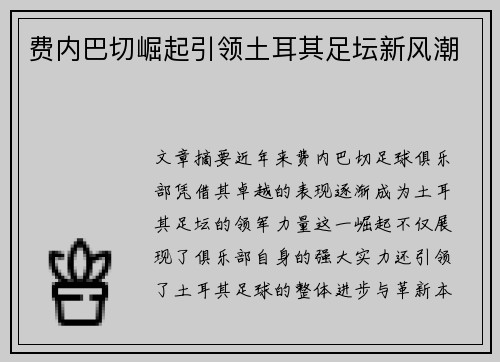 费内巴切崛起引领土耳其足坛新风潮