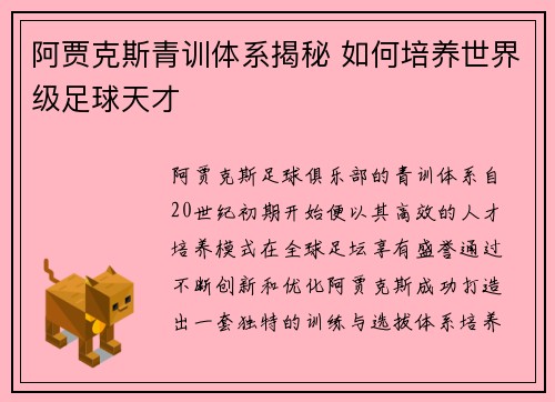 阿贾克斯青训体系揭秘 如何培养世界级足球天才